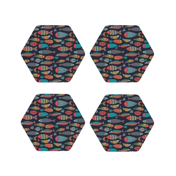 Yiaed Colorful Fish Print Leather Coasters for Drinks - Cup Coasters Coffee Table Kitchen Table Bar, Home & Office Gifts Handmade Drink Coasters-Hexagon