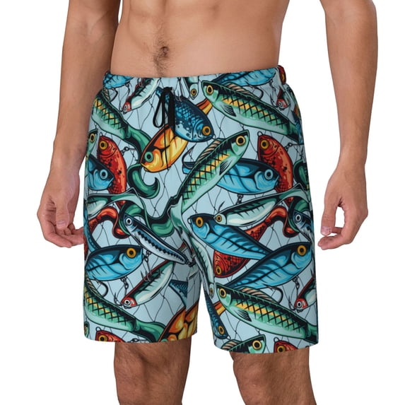 Yiaed Colorful Fishing Baits Print Mens Swim Trunks Bathing Suit Compression Liner Beach Swim Shorts Swimwear Quick Dry Zipper Pocket No-Chafing Board Short-Medium