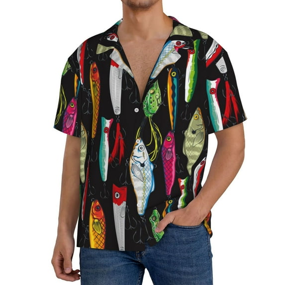 Yiaed Colorful Fishing Lures Print Mens Casual Wrinkle Free Shirts Short Sleeve Button Down Summer Stretch Dress Shirt-X-Large