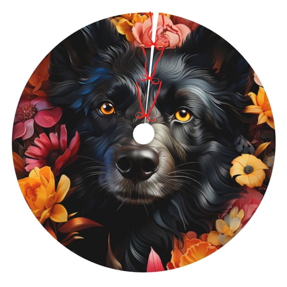 Yiaed Colorful Floral Black Dog Print Christmas Tree Skirt , Tree SkirtsTree Mat for Christmas Winter Holiday Indoor Decorations-30"