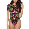 thumbnail image 1 of Yiaed Colorful Floral Embroidery Mexican Print Women's Waist-Cinching Short-Sleeved Onesie,Elastic Onesiet,Snaps At Bottom,Easy To Put On And Take Off for Wome Bodysuit -X-Large, 1 of 8