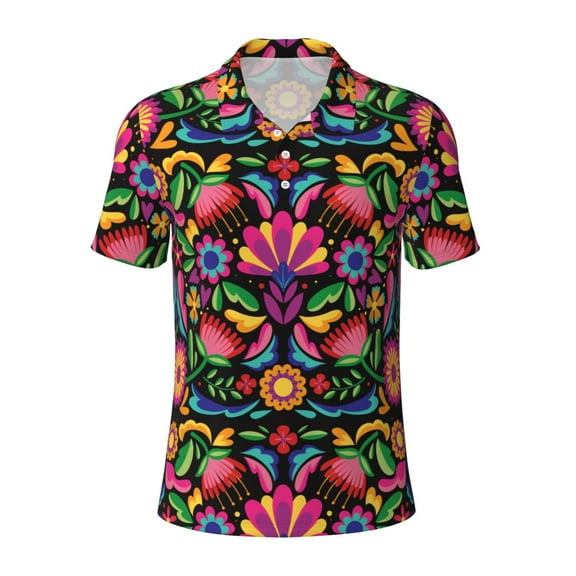 Yiaed Colorful Floral Embroidery MexicanPrint Men's Short Sleeve Polo Shirt,Golf Polo for Men Three-Button Golf Shirt Athletic Casual Collared T-Shirt- Large