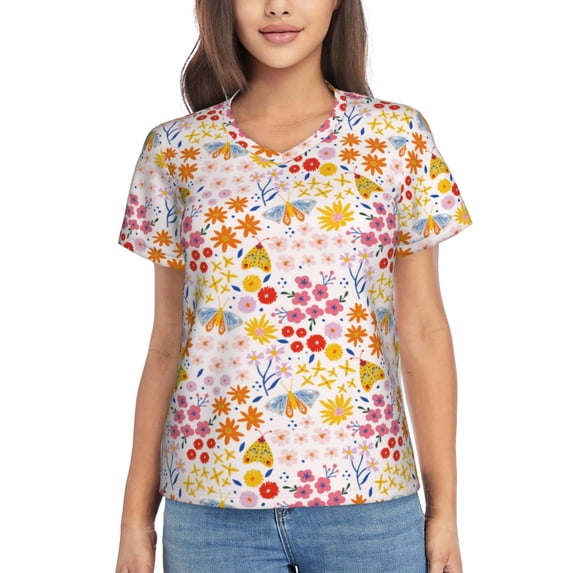 Yiaed Colorful Floral Print Women's T Shirt V-Neck Short Sleeve Shirt Casual Breathable Tee Summer Tops-Large