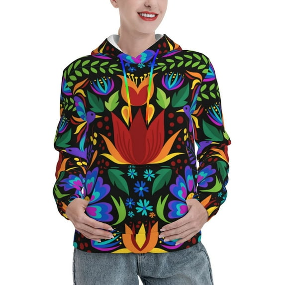 Yiaed Colorful Floral Print Womens Casual Hoodies Crew Neck Long Sleeve Sweatshirts With Pocket Pullover Tops Women's Hooded Sweatshirt-Medium