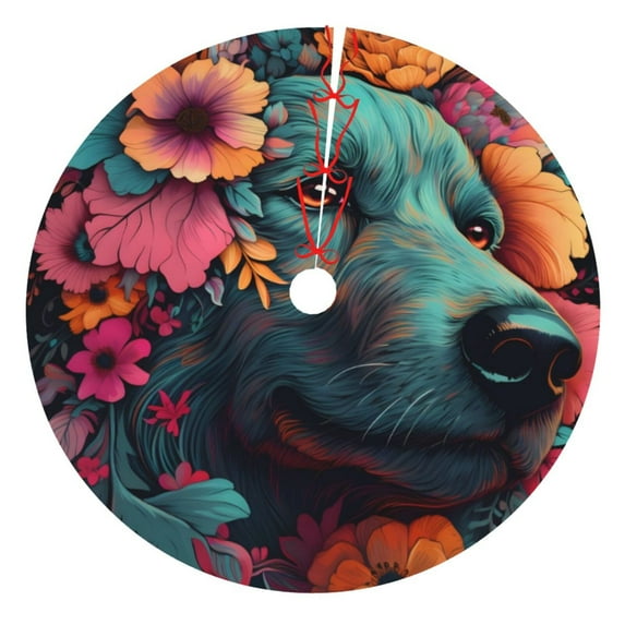 Yiaed Colorful Flower Dog A Print Christmas Tree Skirt , Tree SkirtsTree Mat for Christmas Winter Holiday Indoor Decorations-30"