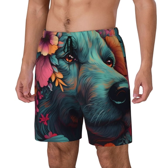 Yiaed Colorful Flower Dog A Print Mens Swim Trunks Bathing Suit Compression Liner Beach Swim Shorts Swimwear Quick Dry Zipper Pocket No-Chafing Board Short-Small
