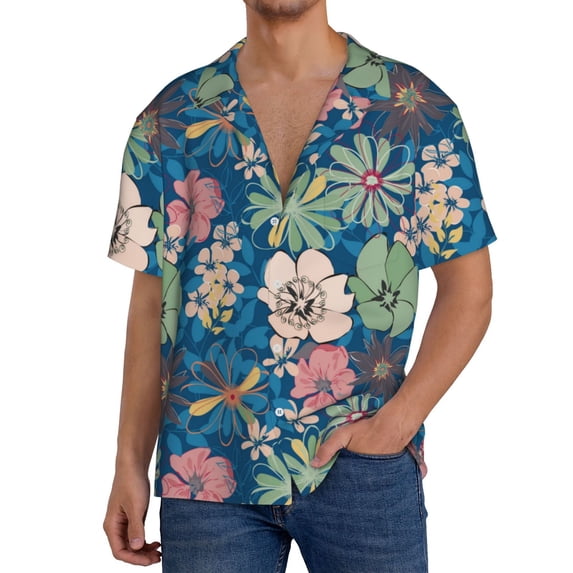 Yiaed Colorful Flowers Print Mens Casual Wrinkle Free Shirts Short Sleeve Button Down Summer Stretch Dress Shirt-3X-Large