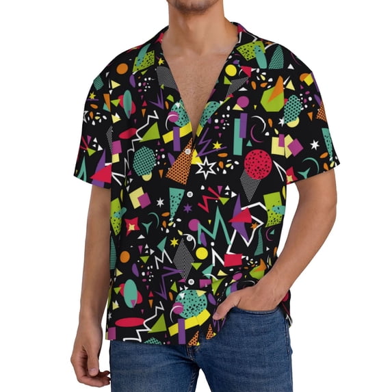 Yiaed Colorful Geometric Figures Print Mens Casual Wrinkle Free Shirts Short Sleeve Button Down Summer Stretch Dress Shirt-Medium