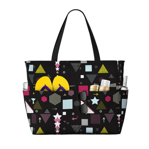 Yiaed Colorful Geometry Print Large Capacity Beach Travel Bag - Waterproof Zipper Vacation Tote for Sandproof Storage, and Camping