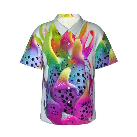 Yiaed Colorful Glitter Dagon Fruit Print Hawaiian Shirt for Men Short Sleeve Button Down Shirts Beach Shirts for Men,Medium