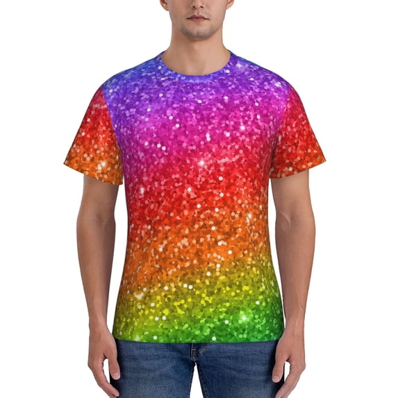 Yiaed Colorful Glitter Print Mens Short Sleeve Tight Fit T-Shirt, Crewneck Casual Tee-Medium