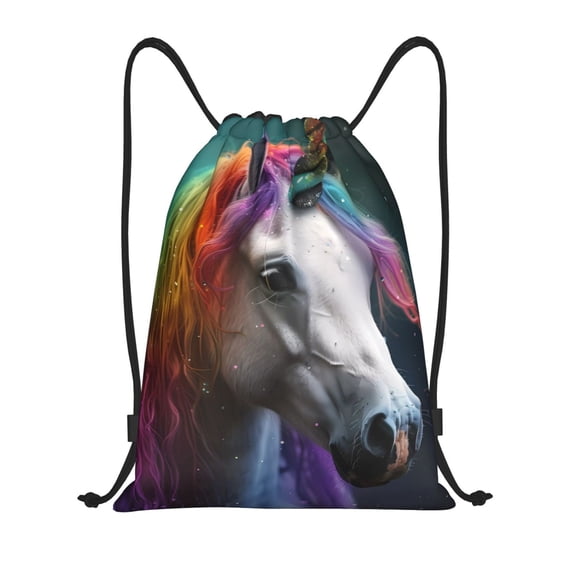 Yiaed Colorful Haired White Horse Print Drawstring Bags Drawstring Backpack Bulk String Back Pack Gym Sport Bag-Medium