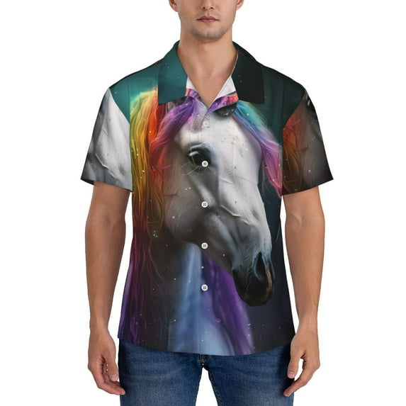 Yiaed Colorful Haired White Horse Print Hawaiian Shirt for Men Short Sleeve Button Down Shirts Beach Shirts for Men-X-Large