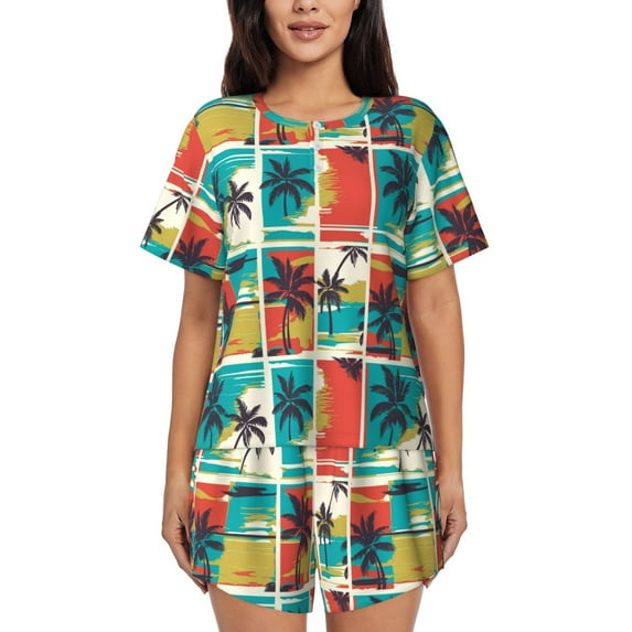 Yiaed Colorful Hawaii Palms Print Short Sleeve Pajama Sets for Women Casual Crew Neck 2 Piece Lounge Sets Women's Short-Sleeved Pajama-3X-Large