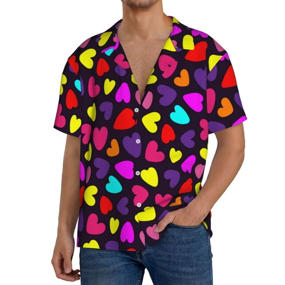 Yiaed Colorful Hearts Print Mens Casual Wrinkle Free Shirts Short Sleeve Button Down Summer Stretch Dress Shirt-Medium