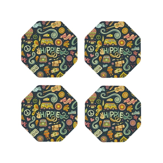 Yiaed Colorful Hippie Print Leather Coasters for Drinks - Cup Coasters Coffee Table Kitchen Table Bar, Home & Office Gifts Handmade Drink Coasters-Octagon