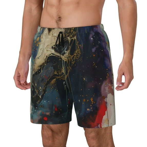 Yiaed Colorful Ink Cute Horse Print Mens Swim Trunks Bathing Suit Compression Liner Beach Swim Shorts Swimwear Quick Dry Zipper Pocket No-Chafing Board Short-Small