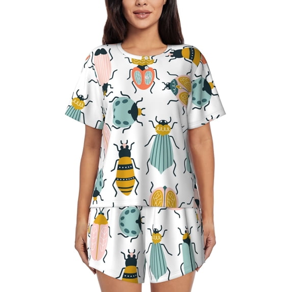 Yiaed Colorful Insects Print Short Sleeve Pajama Sets for Women Casual Crew Neck 2 Piece Lounge Sets Women's Short-Sleeved Pajama-X-Large