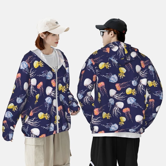 Yiaed Colorful Jellyfish Print Sun Shirts UPF 50+ Protection Hoodie Rash Guard Shirt UV Shirt Long Sleeve Fishing Outdoor Lightweightase-3X-Large