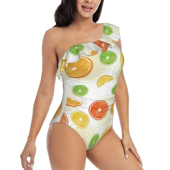 Yiaed Colorful Lemons Print Women One Piece Swimsuits Tummy Control One Shoulder Bathing Suits Pattern Ruffle Swimwear-XX-Large