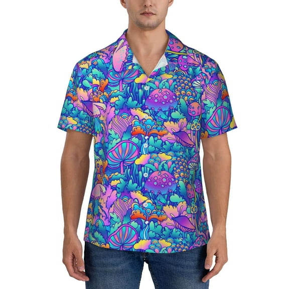 Yiaed Colorful Mushrooms Print Hawaiian Shirt for Men Short Sleeve Button Down Shirts Beach Shirts for Men-XX-Large