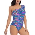 thumbnail image 1 of Yiaed Colorful Mushrooms Print Women One Piece Swimsuits Tummy Control One Shoulder Bathing Suits Pattern Ruffle Swimwear-XX-Large, 1 of 8
