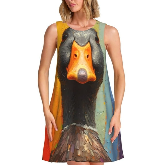 Yiaed Colorful Painted Duck Print Women's Sleeveless Dress, Loose Fit Summer Dress, Casual Sleeveless Dress for Women