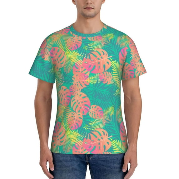 Yiaed Colorful Palm Leaves Print Mens Short Sleeve Tight Fit T-Shirt, Crewneck Casual Tee-XX-Large