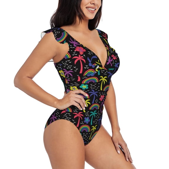 Yiaed Colorful Palms Print Women's Ruffled One Piece Swimsuit V Neck Swimwear Slimming Monokini for Woman-Small