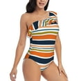 thumbnail image 1 of Yiaed Colorful Pastel Stripes Print Women One Piece Swimsuits Tummy Control One Shoulder Bathing Suits Pattern Ruffle Swimwear-Medium, 1 of 8