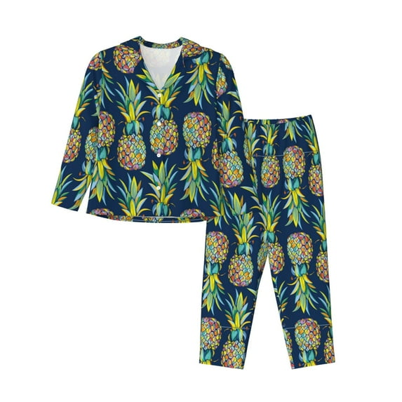 Yiaed Colorful Pineapples Print Pajamas Women's Long Sleeve Sleepwear Soft Button Down Loungewear Pjs Lounge Set Nightwear Womens Pajama Pants-Large