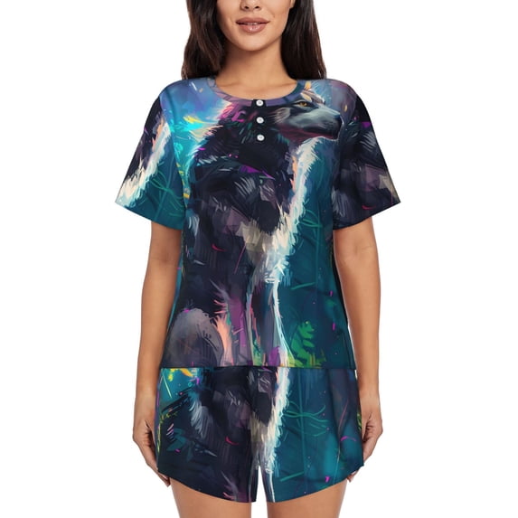 Yiaed Colorful Plant Wolf Print Short Sleeve Pajama Sets for Women Casual Crew Neck 2 Piece Lounge Sets Women's Short-Sleeved Pajama-Large