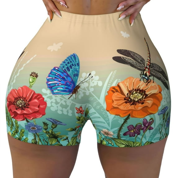 Yiaed Colorful Plants And Insects Print Women's Athletic Shorts Running Shorts Sporty Short High Waisted Elastic Workout Shorts for Yoga Gym Running & Sports -Small
