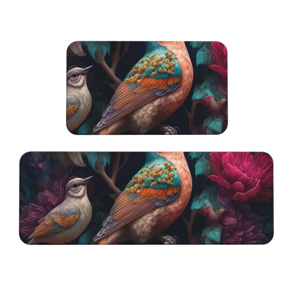 Yiaed Colorful Rose Bird Kitchen Rugs Sets of 2 Kitchen Mats Cushioned Anti Fatigue Kitchen Rug Tapetes Para Cocina for Sink,Laundry Room