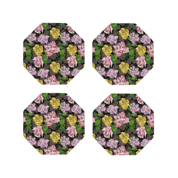 Yiaed Colorful Roses Print Leather Coasters for Drinks - Cup Coasters Coffee Table Kitchen Table Bar, Home & Office Gifts Handmade Drink Coasters-Octagon