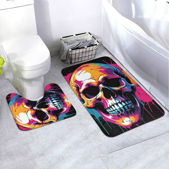 Yiaed Colorful Skull Print Bathroom Mat Set 2 Pieces Mat Anti-Skid Pad Ultra Soft and Absorbent Bathroom Bath Mat Contour Bath Rugs for Toilet Base