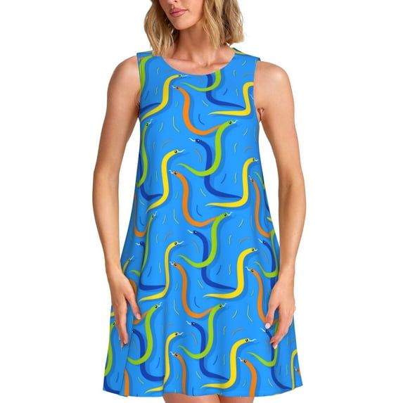 Yiaed Colorful Snake Print Women's Sleeveless Dress, Loose Fit Summer Dress, Casual Sleeveless Dress for Women