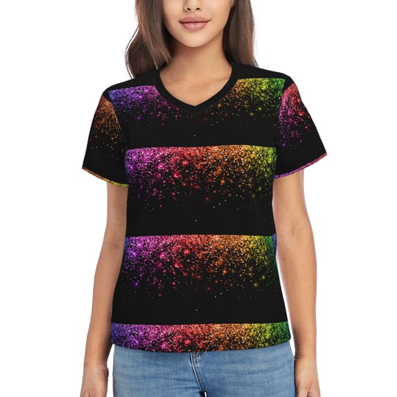 Yiaed Colorful Sparkling Print Women's T Shirt V-Neck Short Sleeve Shirt Casual Breathable Tee Summer Tops-X-Large