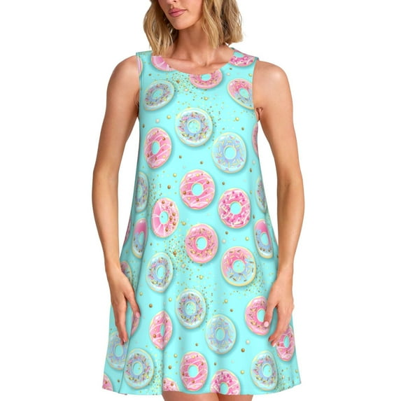 Yiaed Colorful Sweet Donuts Print Women's Sleeveless Dress, Loose Fit Summer Dress, Casual Sleeveless Dress for Women