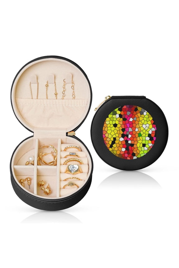 Colorful Tie Dye Stained Glass 1 Print Travel Jewelry Case Bridesmaid Gift Boxes Jewelry Travel Organizer Small Round Jewelry Box Mini Storage-Black