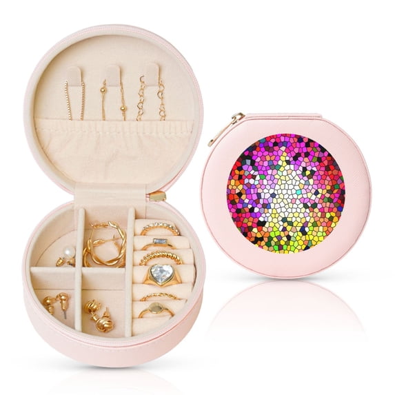 Yiaed Colorful Tie Dye Stained Glass 3 Print Travel Jewelry Case Bridesmaid Gift Boxes Jewelry Travel Organizer Small Round Jewelry Box Mini Storage-Pink
