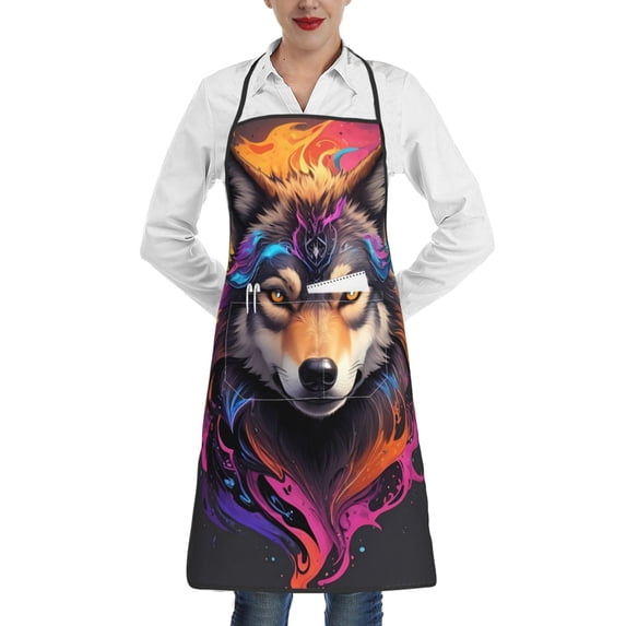 Yiaed Colorful Wolf Head Print Kitchen Apron with Hand Wipe Pockets,Big Pocket,Aprons for Women with Pockets, Waterproof for Cooking Baking