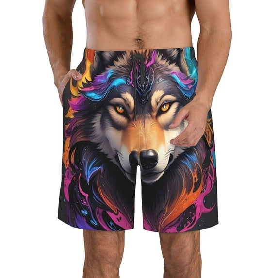 Yiaed Colorful Wolf Head Print Men's Swim Trunks with Lining Quick Dry Sports Shorts Beach Shorts Boardshorts-X-Large