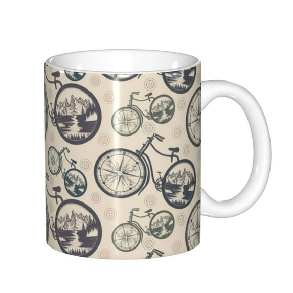 Yiaed Compass And Mountains In Bicycle Wheels Print Ceramics Coffee,Large Handle Design,Extra Large Tea and Coffee Cup for Office and Home Mugs