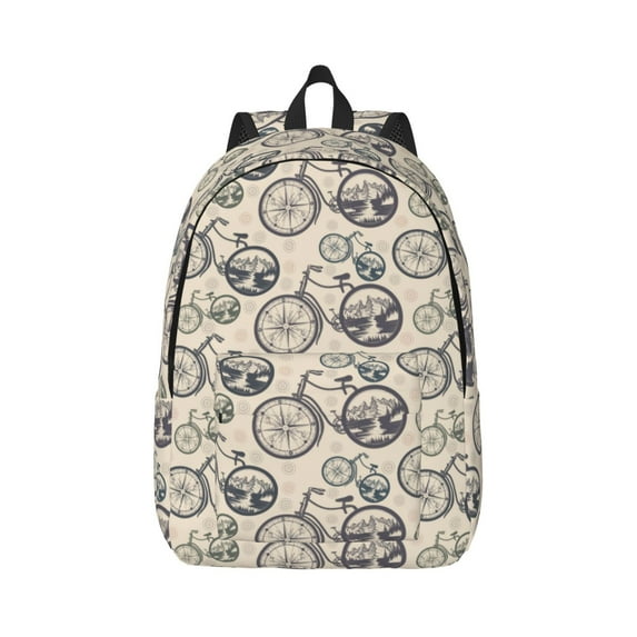 Yiaed Compass And Mountains In Bicycle Wheels Print Backpack, Premium Laptop Backpack, Travel Backpack for Women, Lightweight Backpacks, Comfortable Back Pack-Small