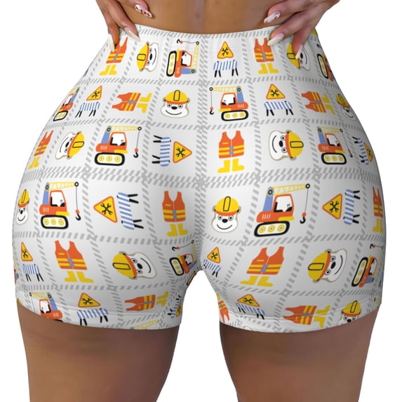 Yiaed Construction Equipments Worker Print Women's Athletic Shorts Running Shorts Sporty Short High Waisted Elastic Workout Shorts for Yoga Gym Running & Sports -X-Large