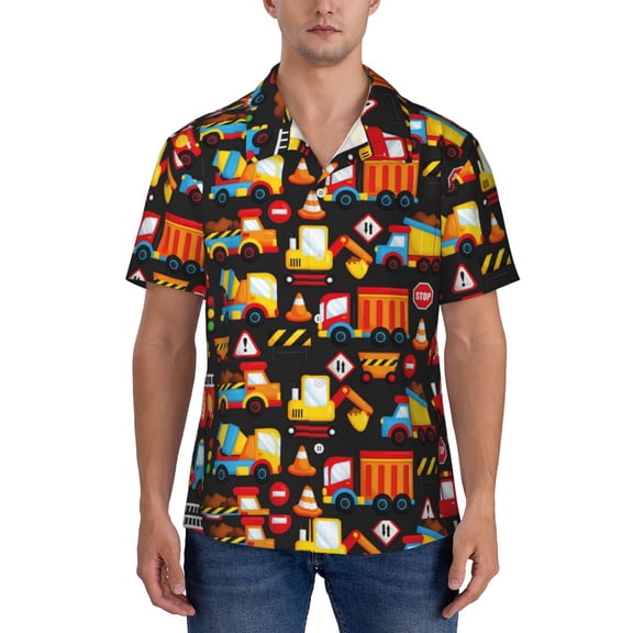 Yiaed Construction Truck Print Hawaiian Shirt for Men Short Sleeve Button Down Shirts Beach Shirts for Men-Small