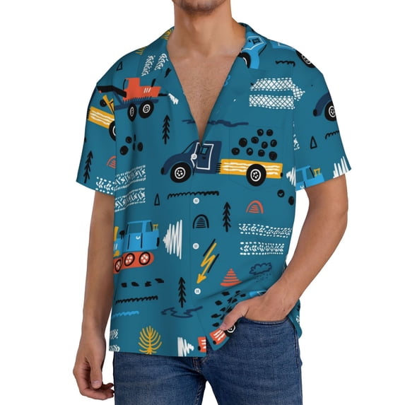 Yiaed Construction Trucks Print Mens Casual Wrinkle Free Shirts Short Sleeve Button Down Summer Stretch Dress Shirt-XX-Large