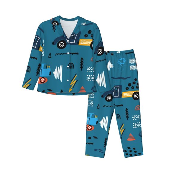 Yiaed Construction Trucks Print Pajamas Women's Long Sleeve Sleepwear Soft Button Down Loungewear Pjs Lounge Set Nightwear Womens Pajama Pants-Small
