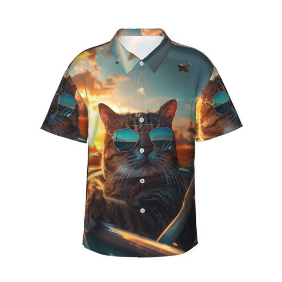 Yiaed Cool Cat Driving Sunset Print Hawaiian Shirt for Men Short Sleeve Button Down Shirts Beach Shirts for Men,Medium